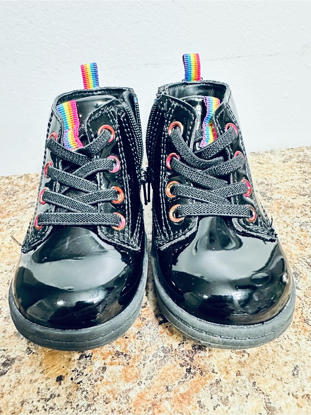 Joe Fresh Black Patent Kids Lace-Up Boots with Rainbow Tabs